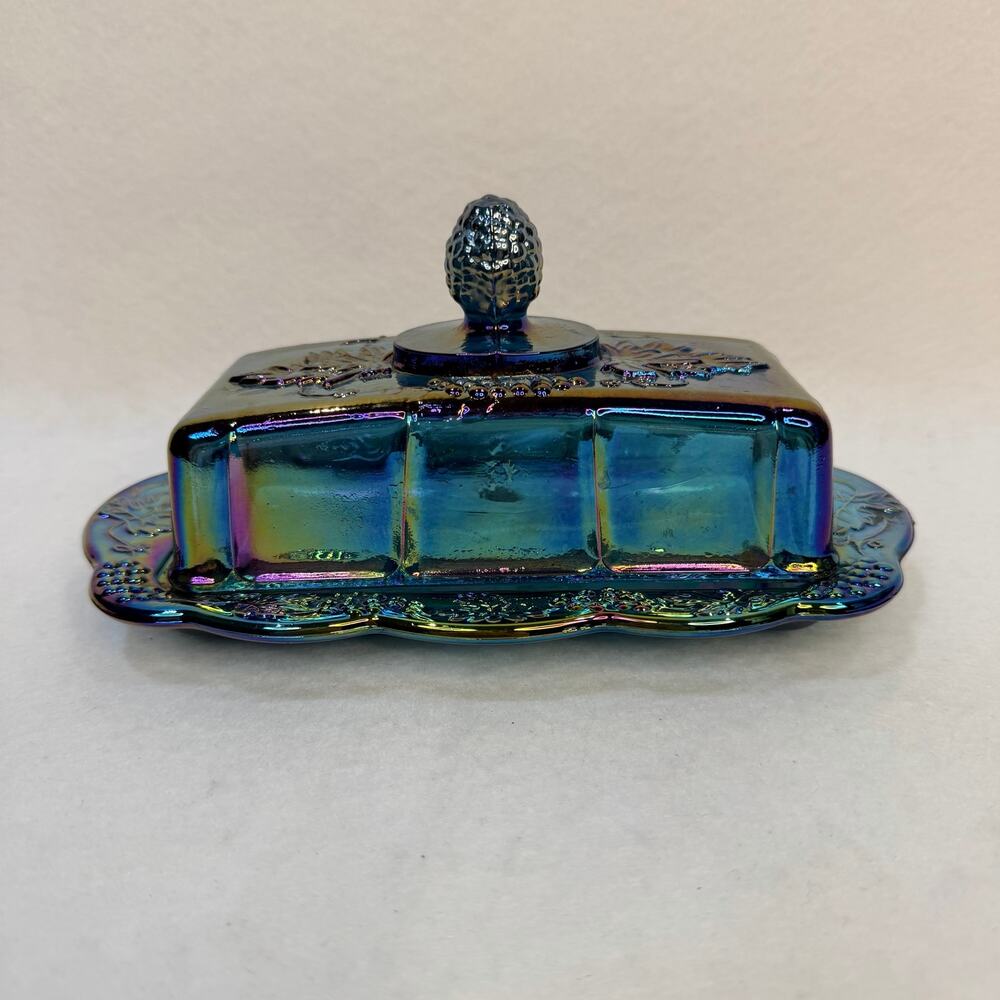 Vtg Blue Iridescent Carnival Glass Covered Butter Dish With Lid Harvest Grape